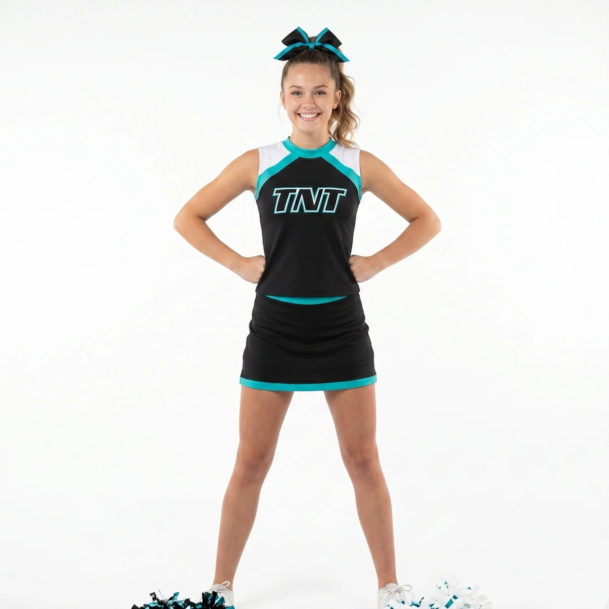 Custom Made Full Sublimation Printed Teal Girl's Cheerleading Uniform Top and Skirt Set Spandex/Polyester