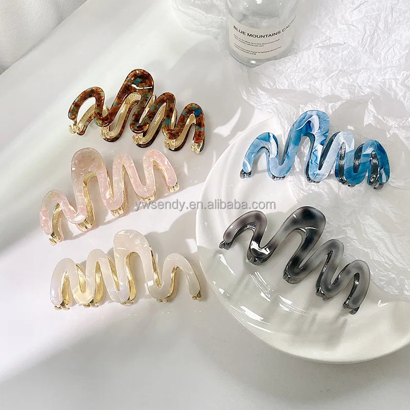 Fashion Korean Large Acetate Metal Hair Accessories Wave Hair Claw  Women Advanced Hair Clip Claws