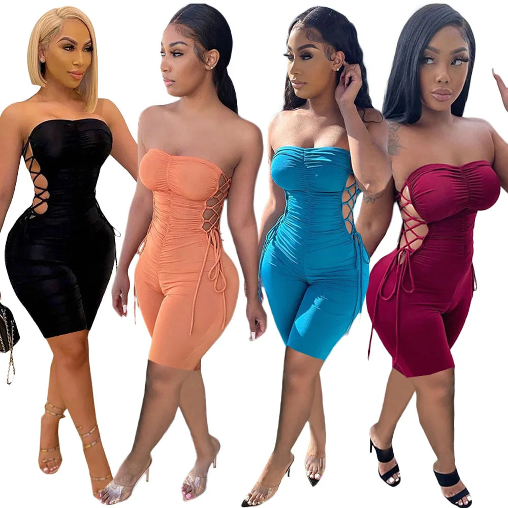 Women Casual Bandage Strap Pleated Sleeveless Jumpsuits