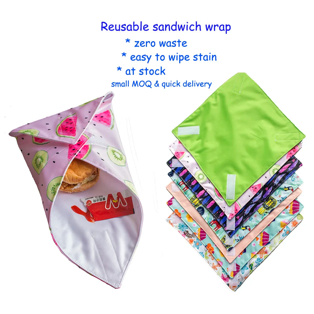 Plastic Free Reusable Adjustable Waterproof Polyester Sandwich Wraps 30x30cm Food-Safe Storage Pouch for Lunch Snacks