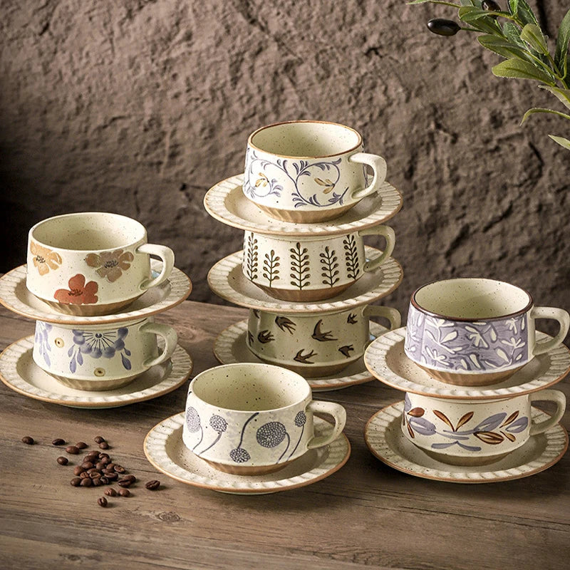 300ml Vintage Creative Rough Pottery Coffee Cup Saucer Japanese Relief Hand-painted Flower Espresso Ceramic Breakfast Milk Mugs