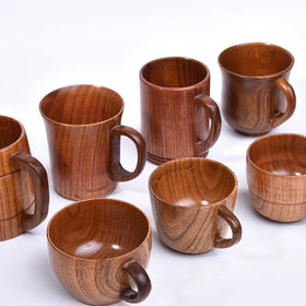 Wholesale Factory Direct Sales Vintage Eco-Friendly Solid Rubber Wood Coffee Cups with Handle for Camping