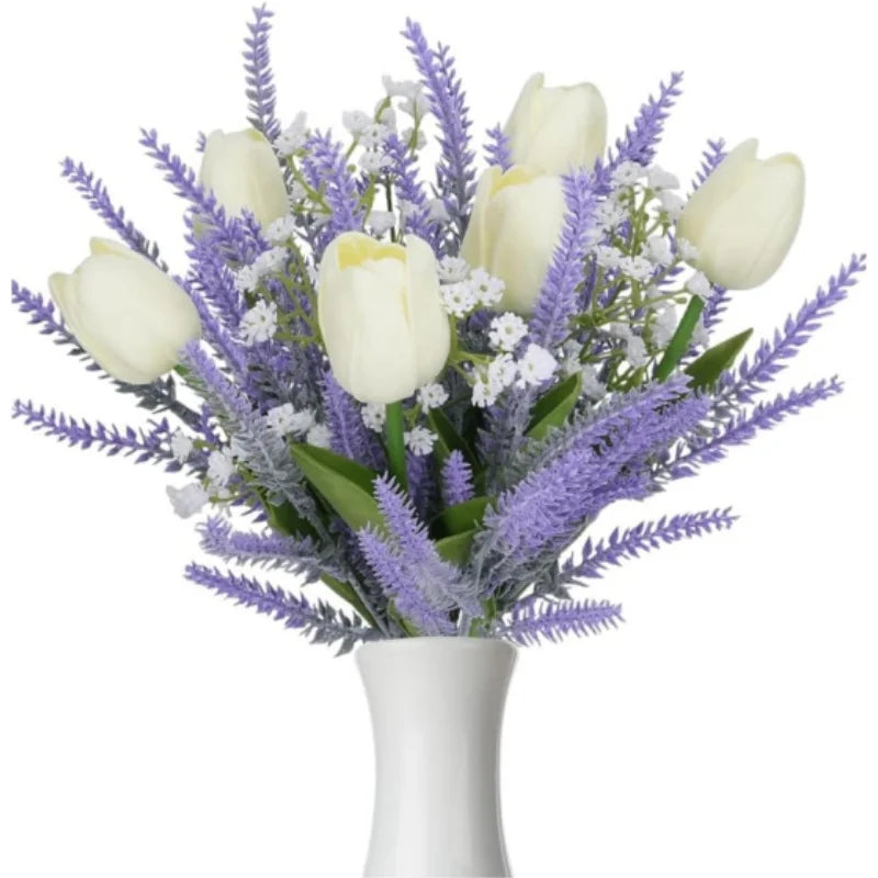 Artificial Tulips Lavender Bouquet 12Pcs Spring Flowers with Lavender Baby Breath Wedding Floral Arrangement Purple Flower Decor