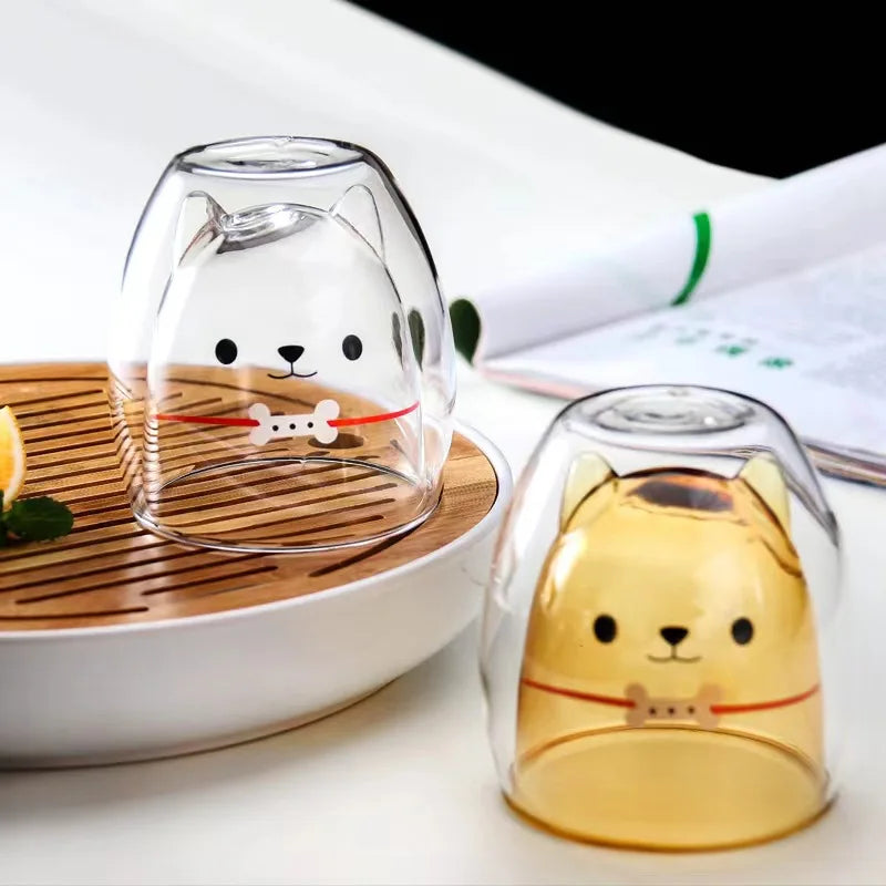 Milk Juice Cute Glass Cup Cartoon Animal Shape 250ml Double Wall Glass Coffee Cup