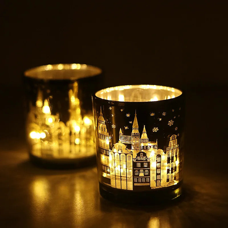 Z15 Vintage Christmas Candle Holders Exquisite Castle Patterns Empty Gold Glass Jars Home Use Metal Lanterns