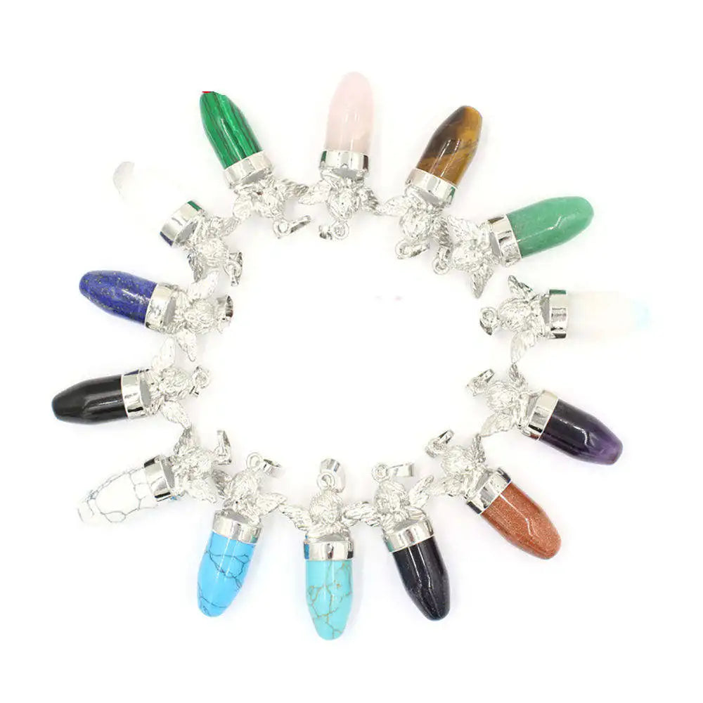 Natural Gemstone Bullet Pendant for Making Jewelry Necklace Chakra Healing Charm Silver Angle Point Crystal Choker