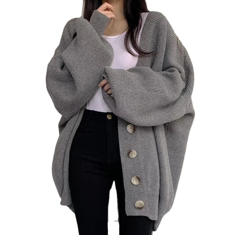 Custom Fashion Logo Fall Winter Ladies Loose Casual Cardigan Sweater Knitted Top Knitwear Jumper with Button Decoration
