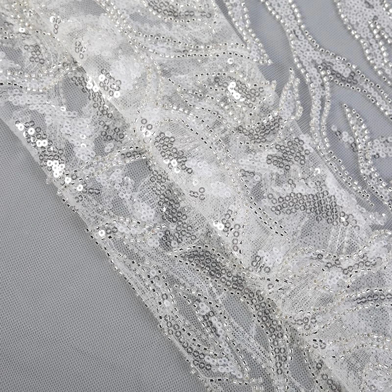 Luxury Custom Polyester Beaded Sequin Floral Lace Tulle Embroidery Fabric White for Wedding Dresses Bags Beautiful Embroidered