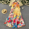 LW0770 2025 Spring New Small Pleated Large Swing Waist Slimming Printed Long Dresses Women Lady Elegant
