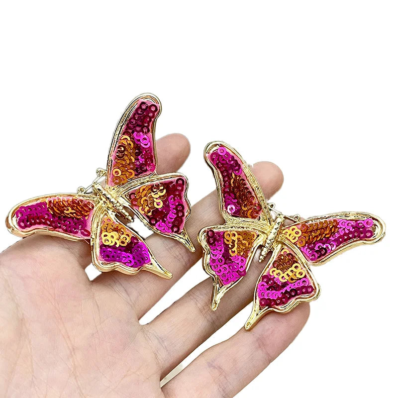 Vintage Luxurious Pink Beaded Earrings with Shiny Sequin Butterfly Stud Gold Plated Manguito De Oreja for Wedding Dinner Parties