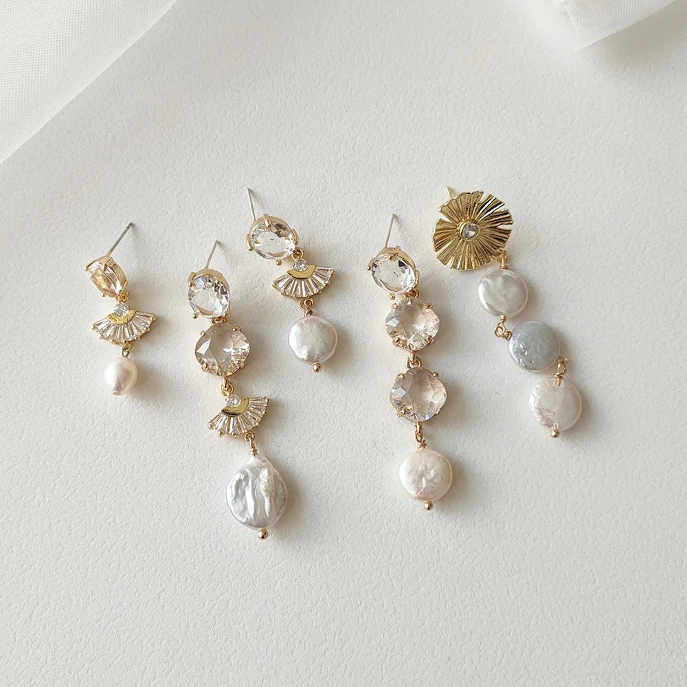 Statement Pendant Earrings Gold Plated Crystal Zircon Fan Shaped Baroque Freshwater Pearl Drop Earring Jewelry