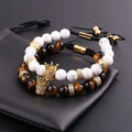 New Design Men Women Bracelet Natural Brown Tiger Eye Howlite CZ Pave Crown Charm Macrame Beads Bracelet JBS11628
