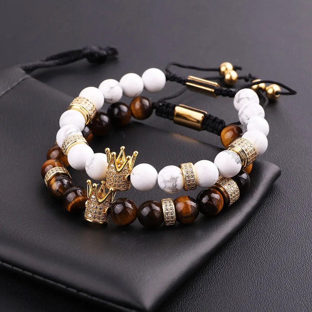 New Design Men Women Bracelet Natural Brown Tiger Eye Howlite CZ Pave Crown Charm Macrame Beads Bracelet JBS11628