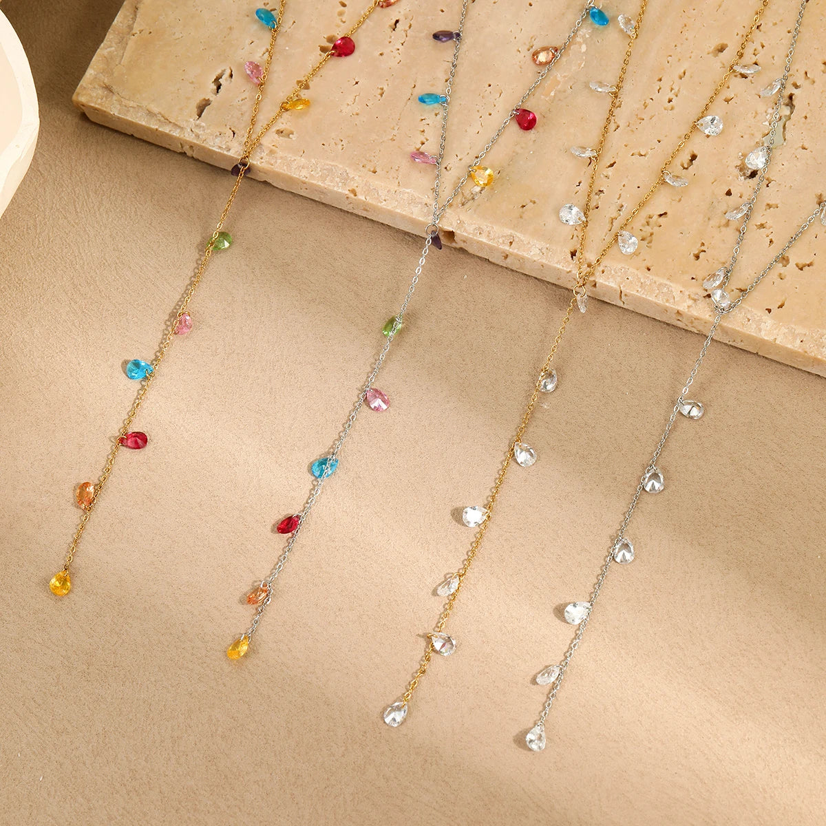 Exquisite Colorful Water-Drop Zircon Tassel Pendant Y-shaped Necklace for Women Stainless Steel Elegant Jewelry Party Gift