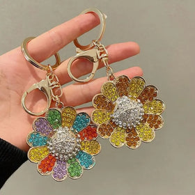 Cute Glitter Sunflower Crystal Flower Keychain Car Key Chain Bling Pendant Accessories Key Ring Flower Metal Key Chain Wholesale