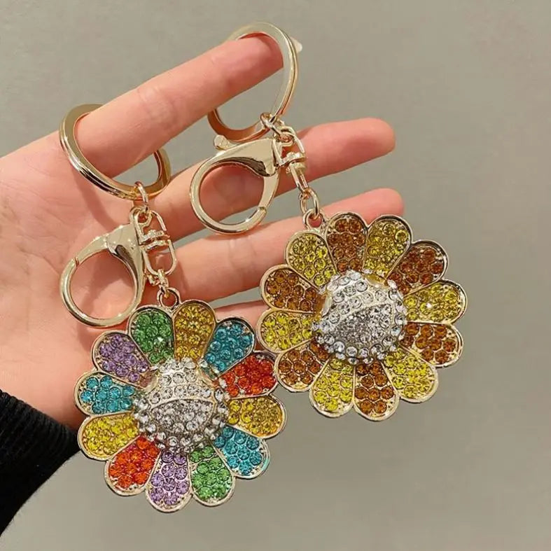 Cute Glitter Sunflower Crystal Flower Keychain Car Key Chain Bling Pendant Accessories Key Ring Flower Metal Key Chain Wholesale