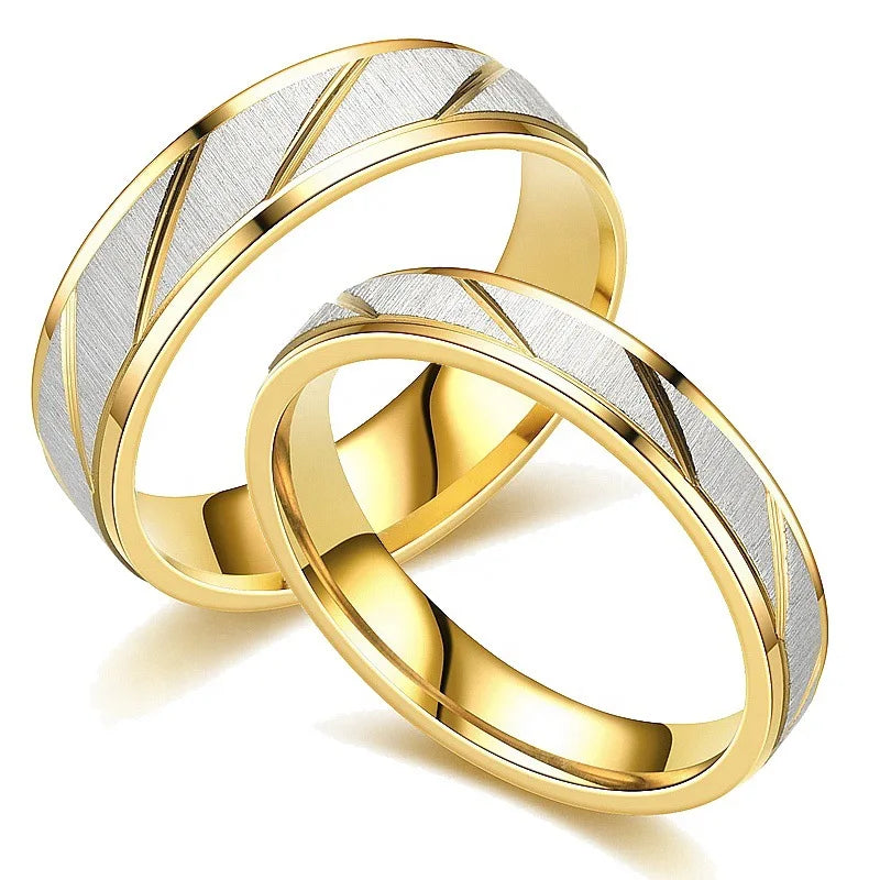 BINSHUO Wholesale Custom Jewelry Stainless Steel Gold Plated Striped Wedding Engagement 4/6mm Couple Ring Set Valentine's Gift