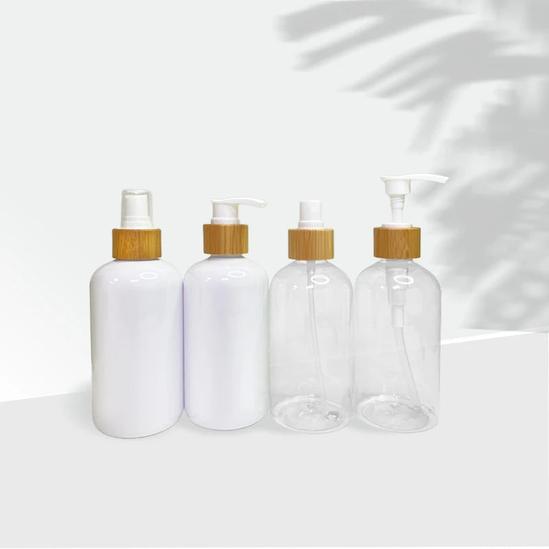 For Clear PET White Plastic Spray Pump Bottle with Bamboo Wooden Lid 50ml-500ml Sizes for Skin Care Serum Shampoo Other