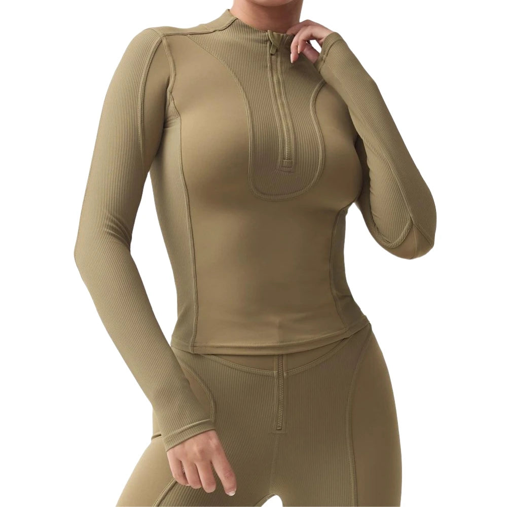 Women Ribbed Half Zip Pullover Fitness Work Out Clothing Shapewear Running Gym Top Yoga Long Sleeve Outdoor Cycling Jackets