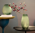 Coastal Patterned Frosted Green Corrugated Potbelly Glass Tabletop Vase Colored Living Room Floral Arrangement Striped