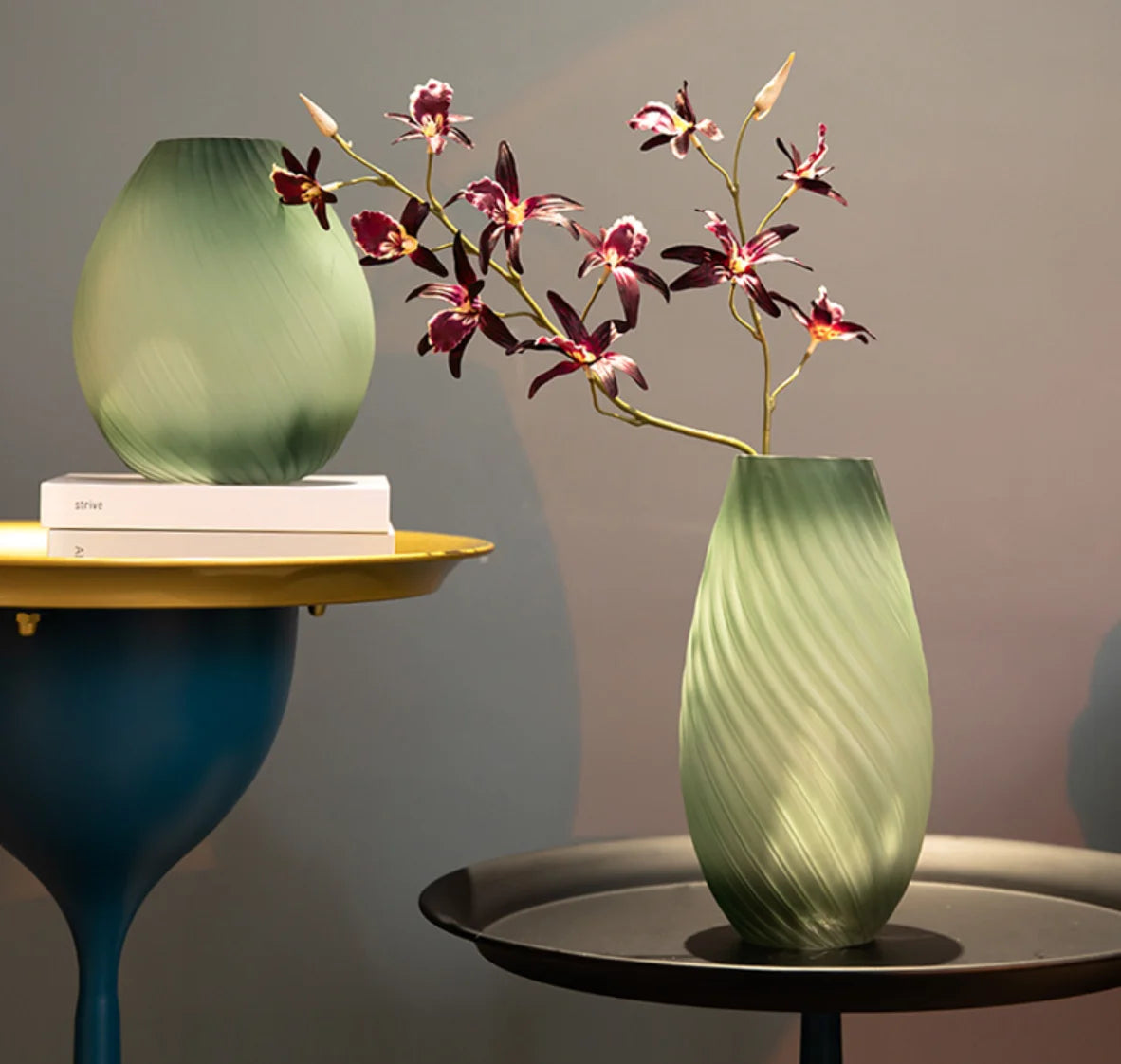 Coastal Patterned Frosted Green Corrugated Potbelly Glass Tabletop Vase Colored Living Room Floral Arrangement Striped