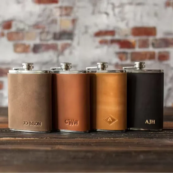 Wholesale Custom Logo Monogram Stainless Steel Blank Laserable Leatherette Engrave Pu Leather Whiskey Hip Flask for Men