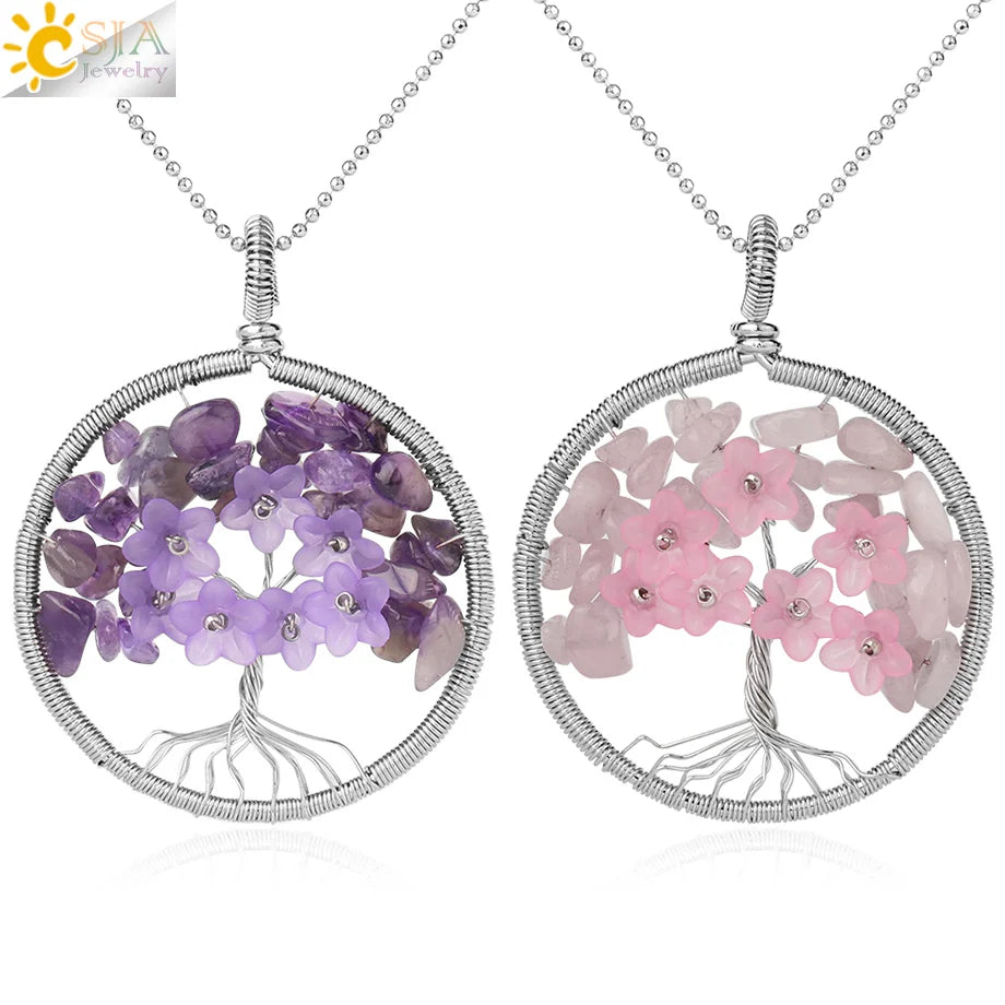 CSJA Fashion Handmade Gemstone Wire Wrap Lucky Life Tree Pendant Necklace Christmas Gift G306
