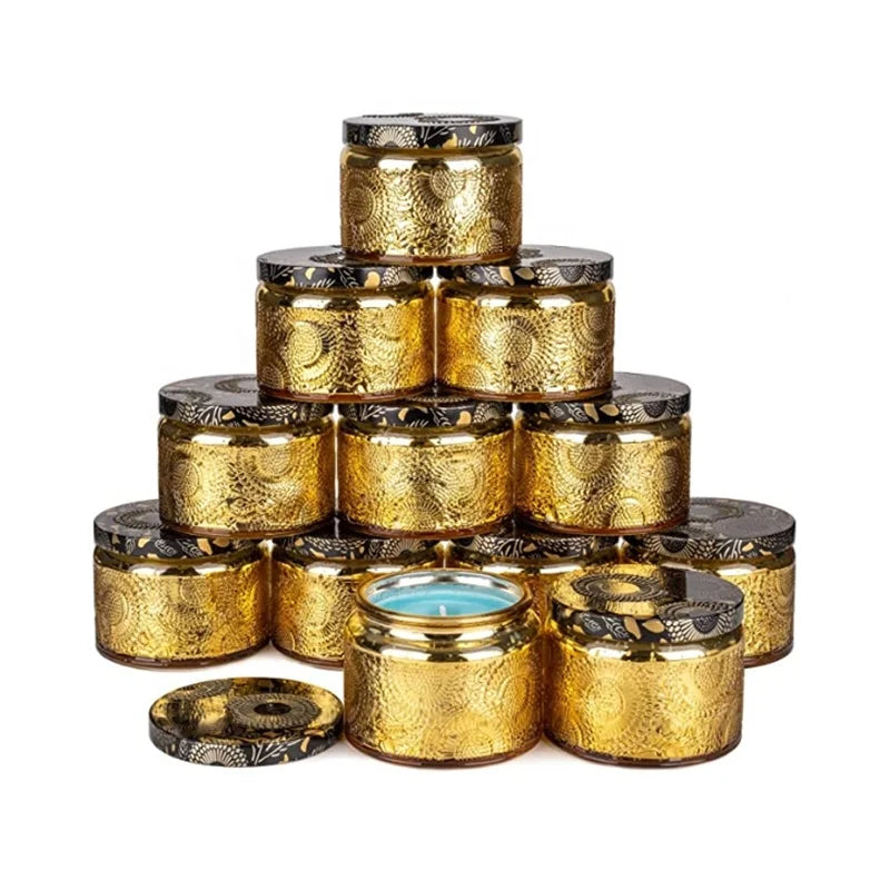 Empty 4oz 120ml Embossed Shiny Gold Candle Making Supplies Jar Vessels Electroplated with Lid
