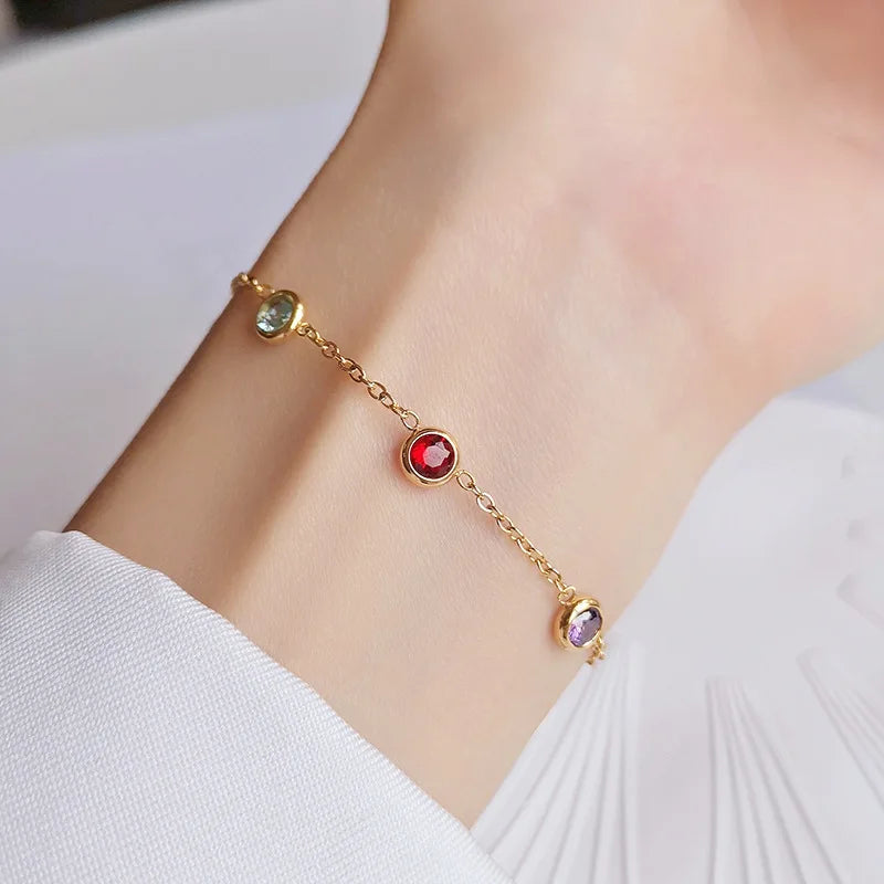 Trendy Women Jewelry Waterproof 18k Gold Plated Stainless Steel Multicolor CZ Cubic Zirconia Rainbow Diamond Bracelet YF3051