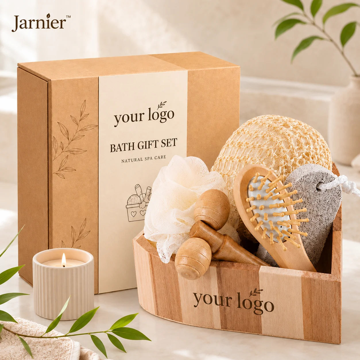 Jarnier Promotional Spa Bath Accessory Set in Wooden Heart Box Includes Loofah Brush/Comb Body Wash Gift Set for Bathroom Gifts
