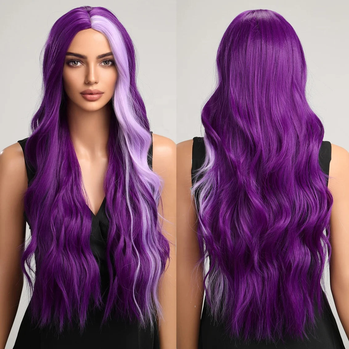 Factory Shipment Purple Highlight Wig Long Wavy Synthetic Wigs No Bangs Cosplay Party Lolita Use Heat Resistant Fiber for Women
