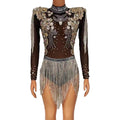 Sexy See Through Tassel Rhinestone Bodysuits Dress Women Crystal Leotard Singer Dance Stage Performance Costume Club Jumpsuits