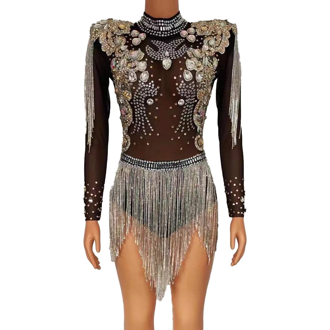 Sexy See Through Tassel Rhinestone Bodysuits Dress Women Crystal Leotard Singer Dance Stage Performance Costume Club Jumpsuits