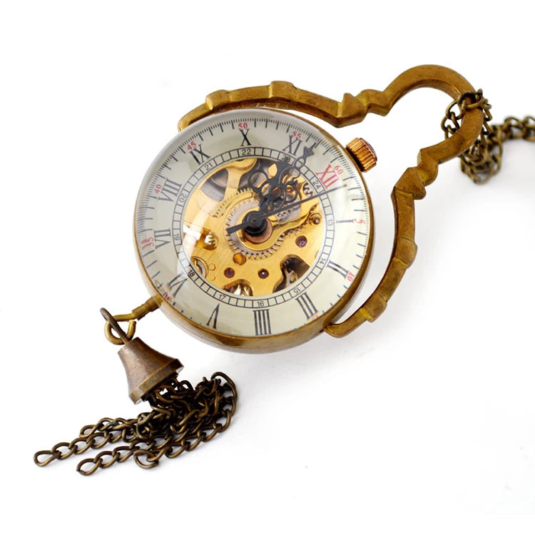 BOSHIYA New Design Vintage Antique Brass Crystal Ball Open Face Necklace Skeletal Display Mechanical Pocket Watch