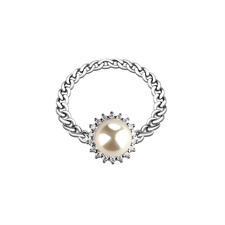 Wholesale Link Chain Rings Real 925 Sterling Silver Fresh Water Pearl Beaded Ring