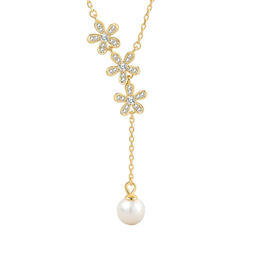 Daidan Silver Necklace 925 Single Pearl Tassel 18K Gold Plated Zircon Pendant Choker Multi Flower Necklace