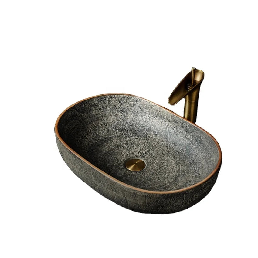 Jingdezhen Grey Oval Large Size Basin Ceramic Bathroom Sink with Brown Edge Easy Clean Contemporary Countertop Mounted