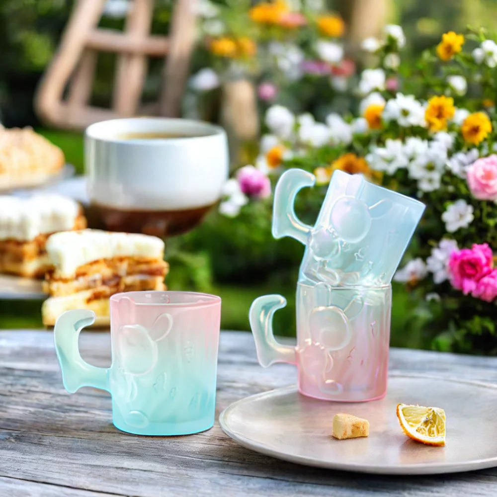 Lovely Christmas Gift Novelty Cute Rabbit Shaped Cartoon Children Clear Embossed Tea Cup Glass Coffee Mug with Handle Set of 2