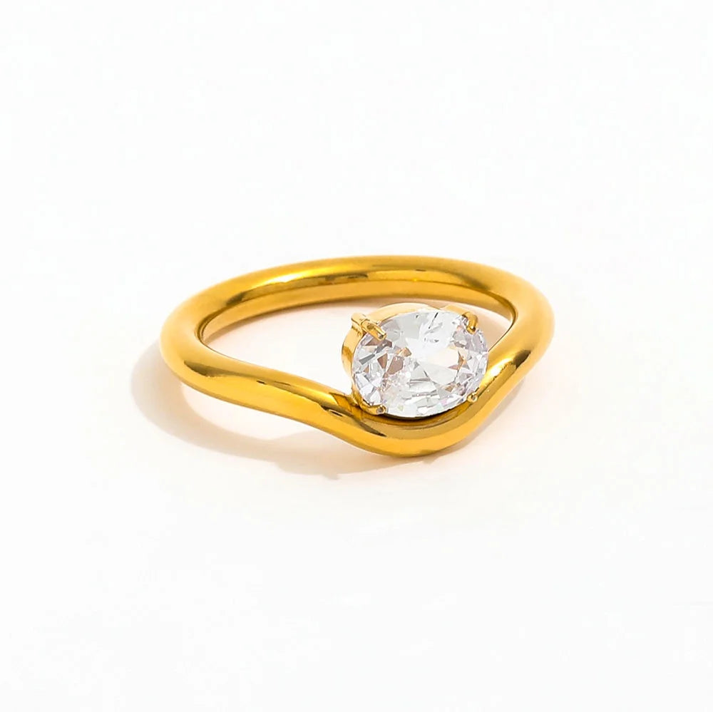 High End 18K Plain Gold Oval Goose Egg Shape Zirconia Chunky Rings Stainless Steel Trendy Simple Gold Plated Jewelry
