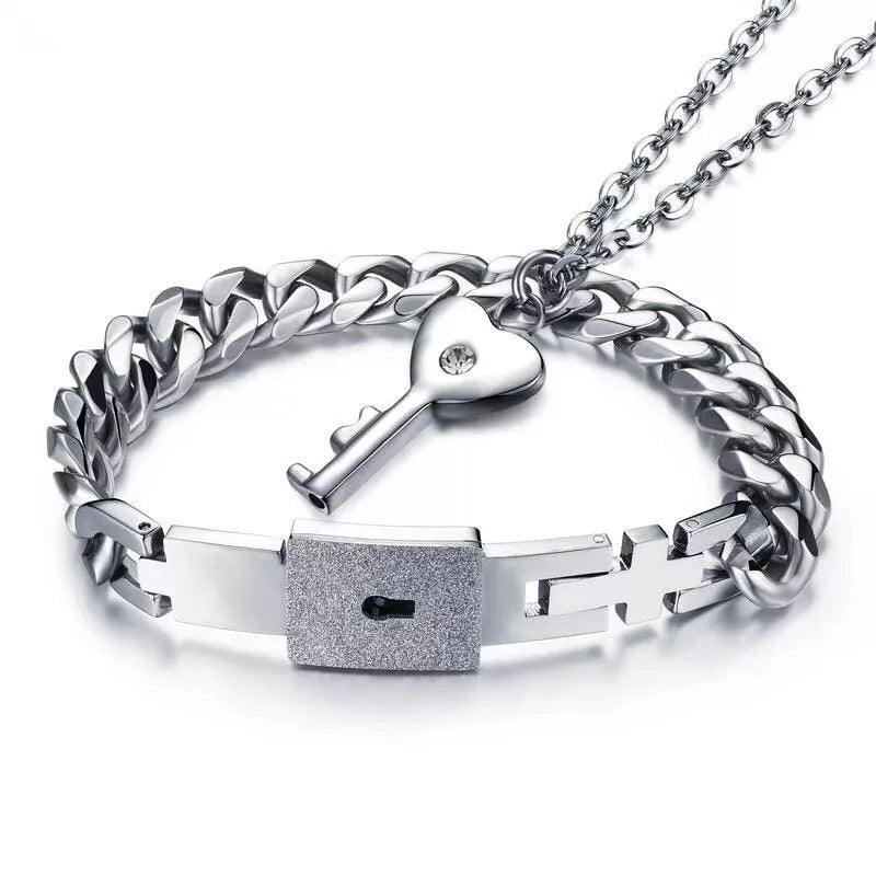 Fashion Stainless Steel Meaning Jewelry Couple Bangle Bracelet Love Lock and Key Fine Necklace Set