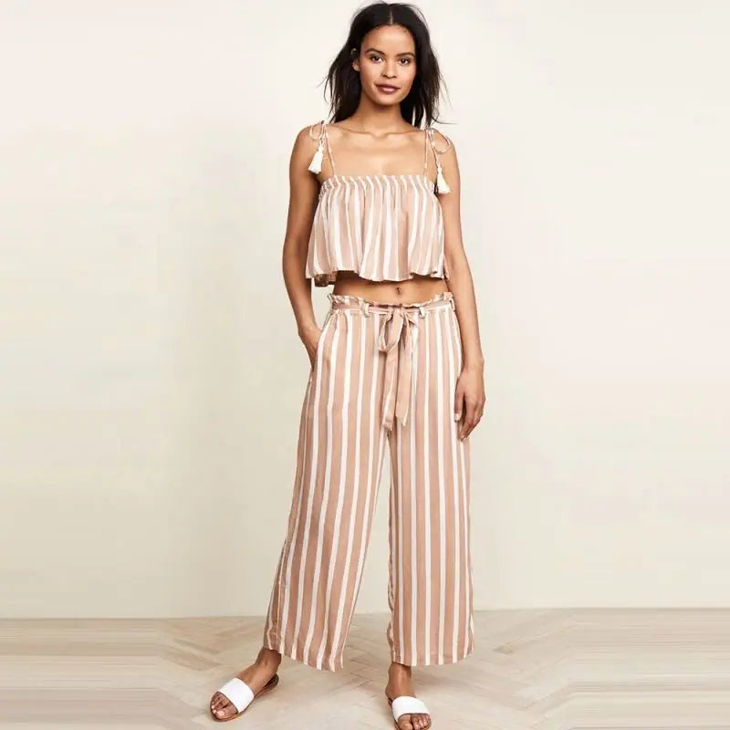 Customize 55% Linen High Multicolor Striped Casual Panties for Women Summer Office Ankle-Length Wide Leg Pants Tassel Plus Size