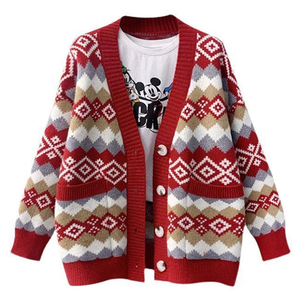 Color Blockiing Diamond  Loose Outdoor Jacquard Coat Christmas Sweater Cardigan for Women