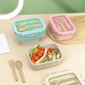 Portable Heatable Eco Wheat Straw Fiber Lunch Box Bento with Dual Tier and Spoon Fork Cutlery for Students Workers