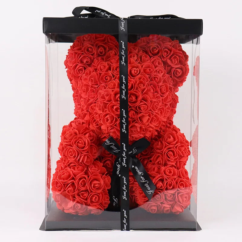New Arrival 25cm Eternal Flower Rose Bear Gift With Box & Light Hugging Bear Artificial Flower Gifts Series for Anniversary