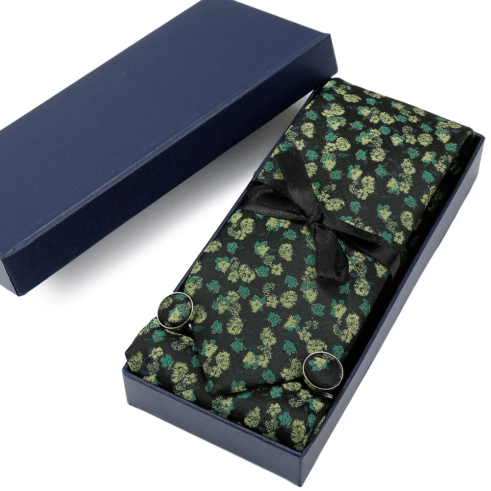 Green Floral Necktie Set for Men Includes Pocket Square Cufflinks Business Suit for Wedding Parties Polyester Material Gift for