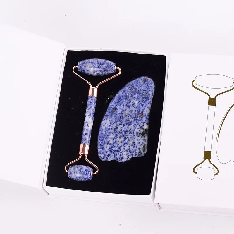 Blue Jade Roller and Gua Sha Set for Men Light Blue Color Stainless Steel Ice Roller Under Eyes Puffy Relief Bulk Wholesale Pack