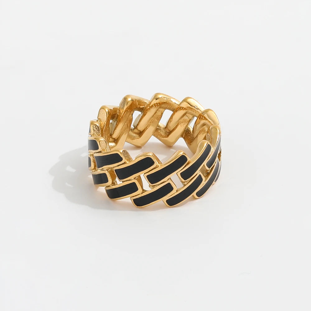 Joolim Jewelry Wholesale 18K Gold Plated Epoxy Black & White Link Chain Band Rings Stainless Steel  for Women Rings