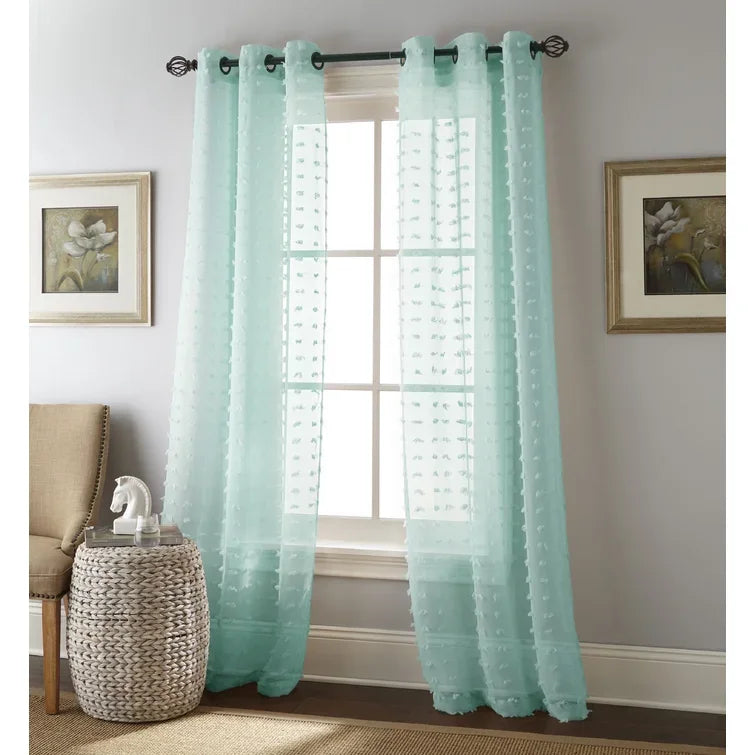 Seafoam Solid Semi-sheer Grommet Sheer Curtain With Fanciful Pom Poms
