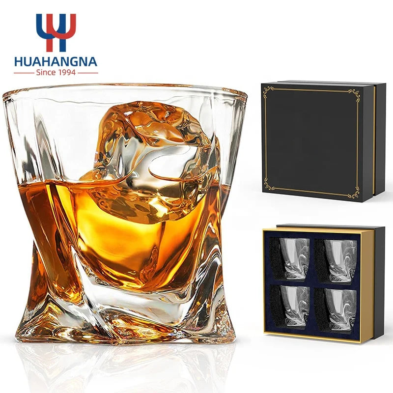 HUAHANGNA Custom Logo 10oz Old Fashioned Crystal Whisky Cocktail Twisted Rock Whiskey Glass Set with Gift Box
