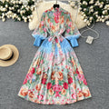 LW0932 2025 New Holiday Style Print Dress Women Stand Collar Lantern Sleeve Pleated Long Skirt Luxury Women'S Elegant Dress